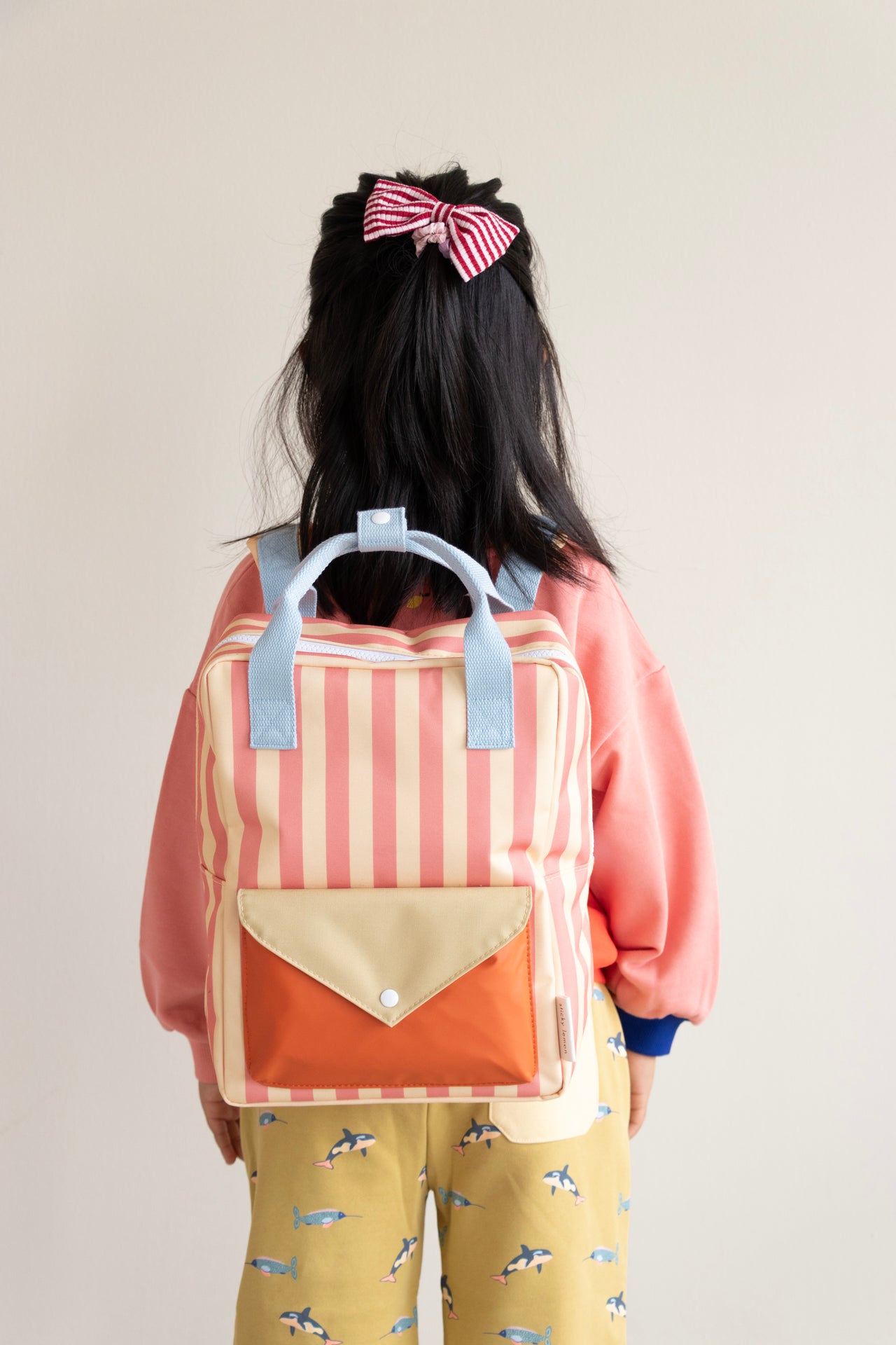Sticky Lemon backpack medium | envelope | stripes | coral pink + sandy yellow