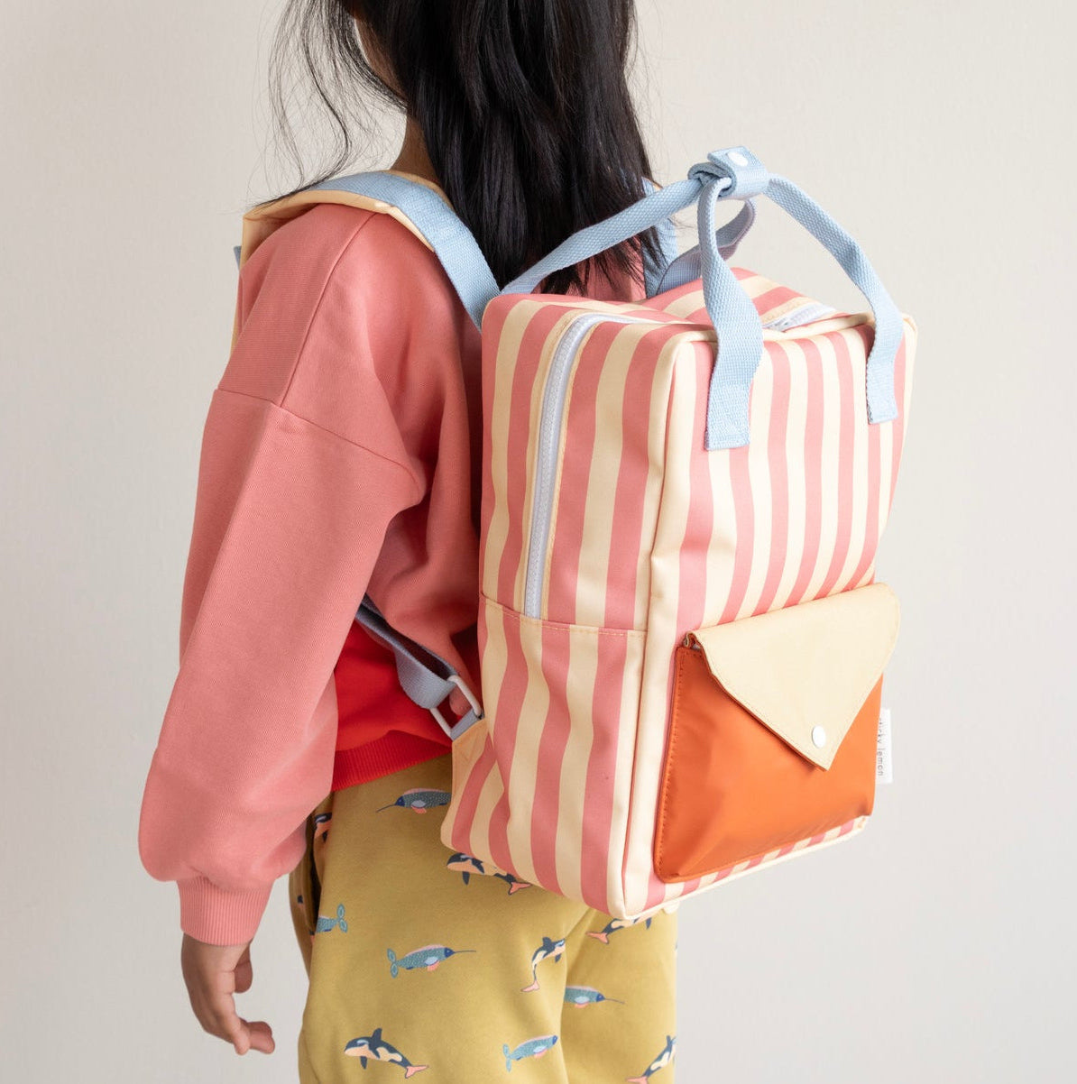Sticky Lemon backpack medium | envelope | stripes | coral pink + sandy yellow