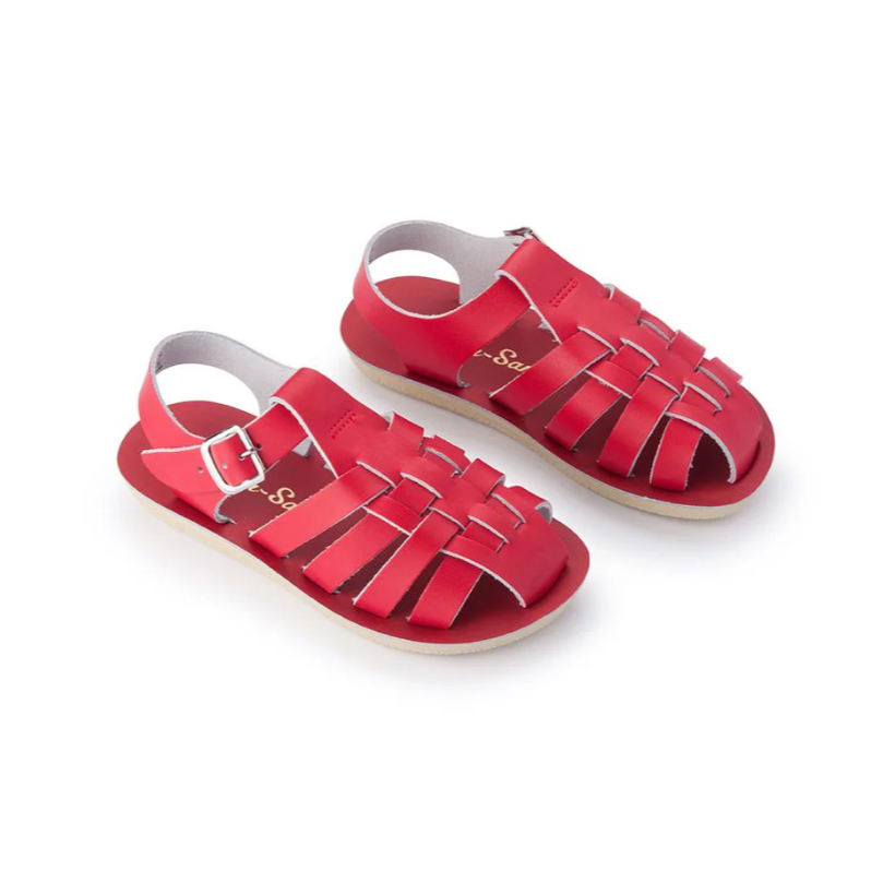 Red sandals with gray straps on a white background