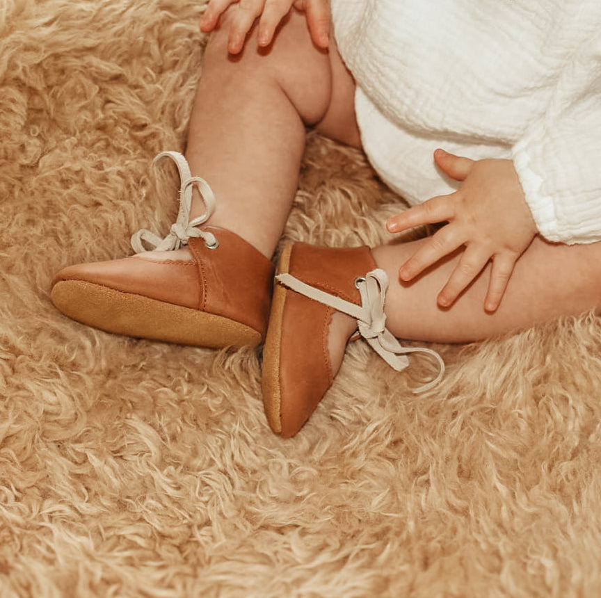 Leather Baby Shoe - Saddle/Fog