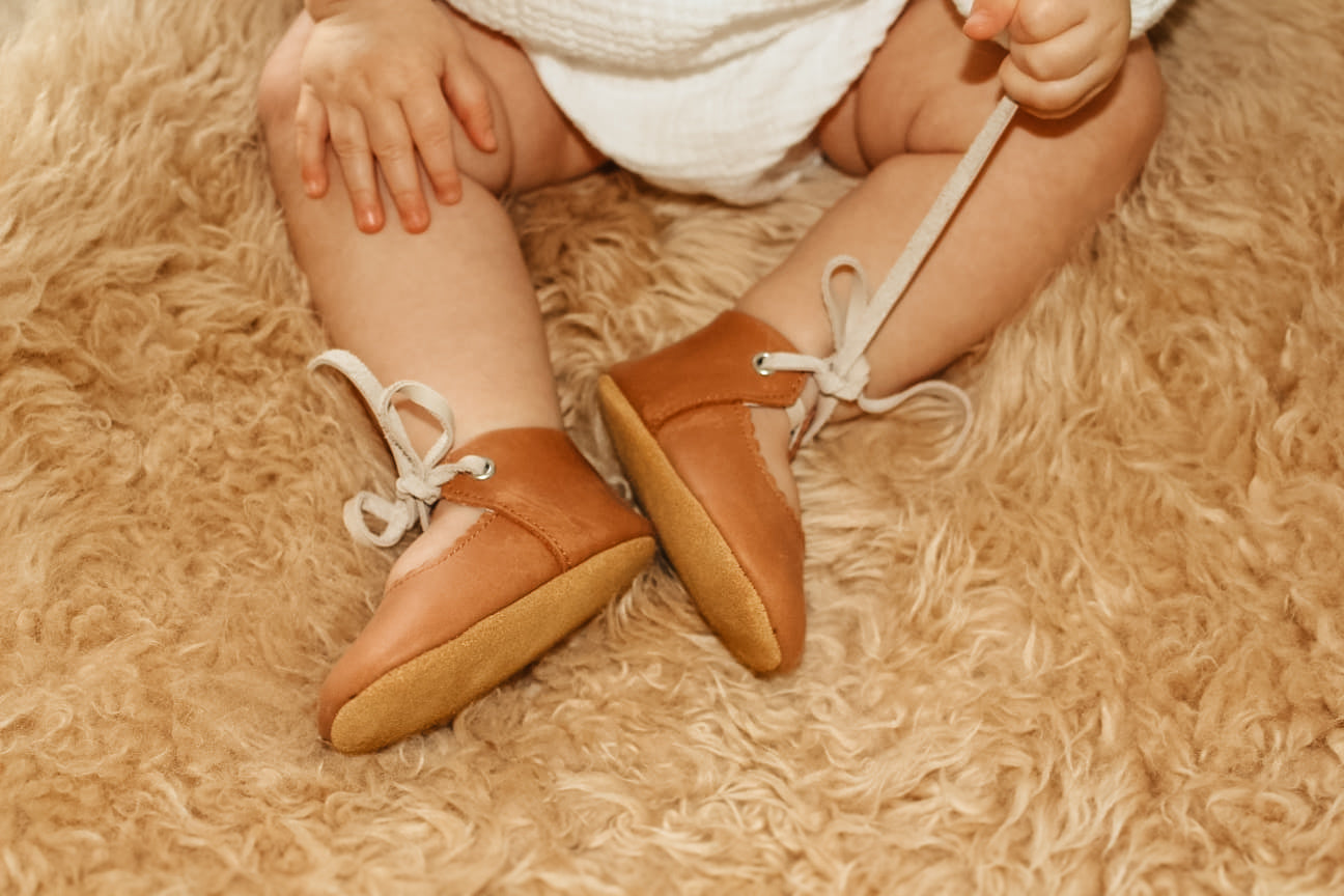 Leather Baby Shoe - Saddle/Fog