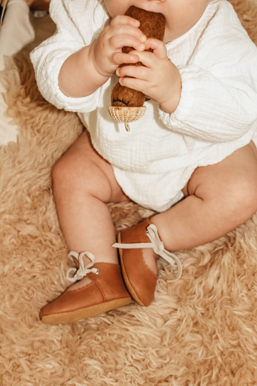 Leather Baby Shoe - Saddle/Fog