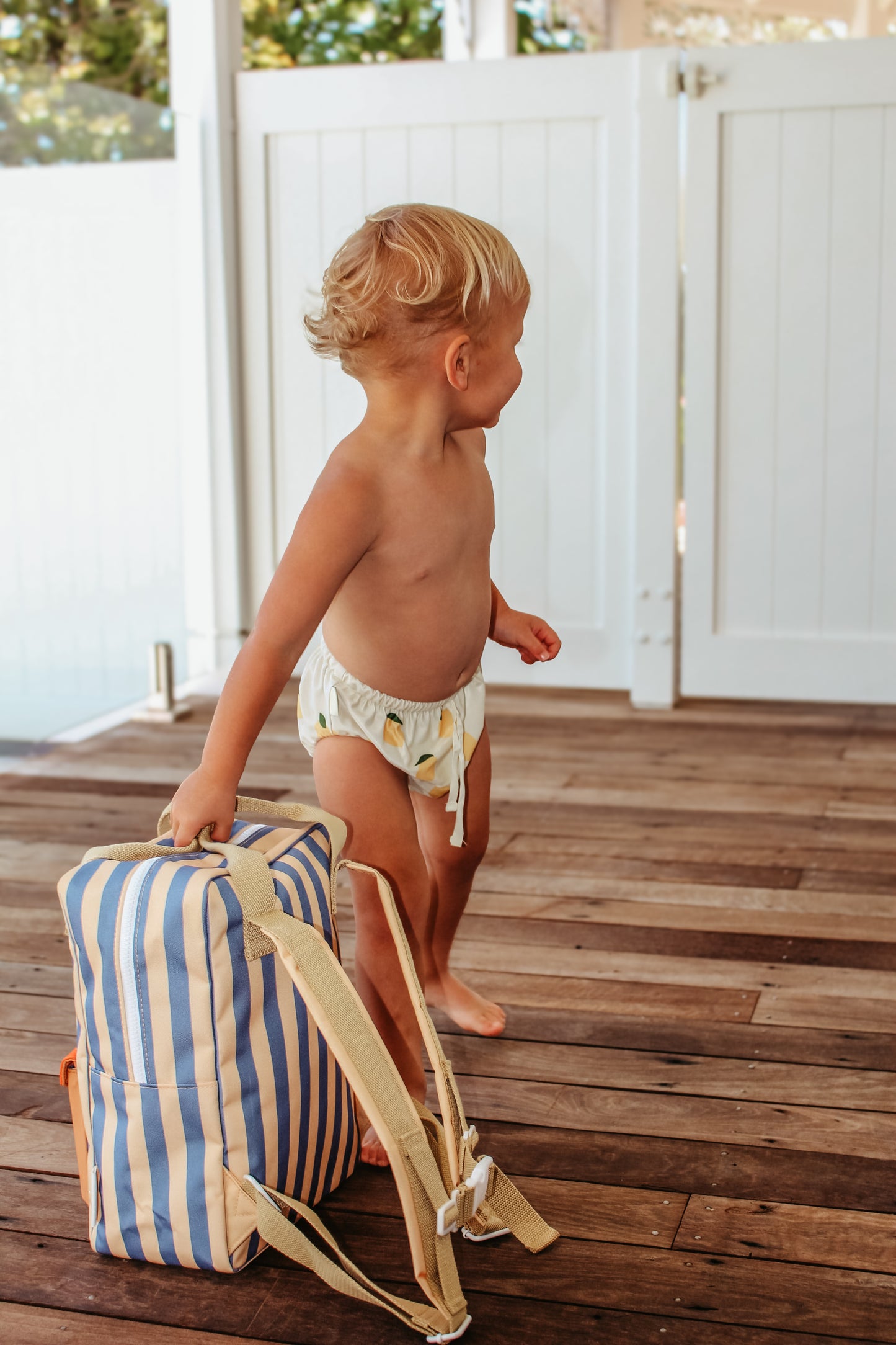 Sticky Lemon backpack medium | envelope | stripes | blue whale + sandy yellow