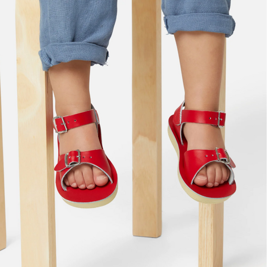 Red sandals worn by a child on wooden stools with a light background